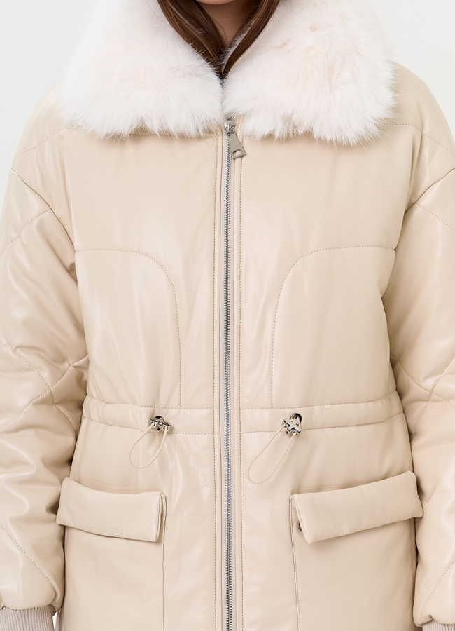 Женский пуховик из эко кожи с воротником из эко меха модель № 30725 универмаг малина