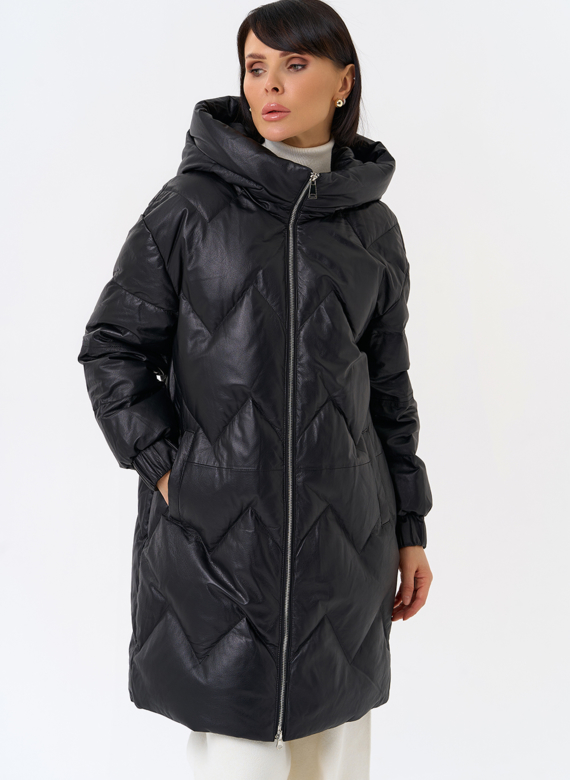 Длинный пуховик из кожи