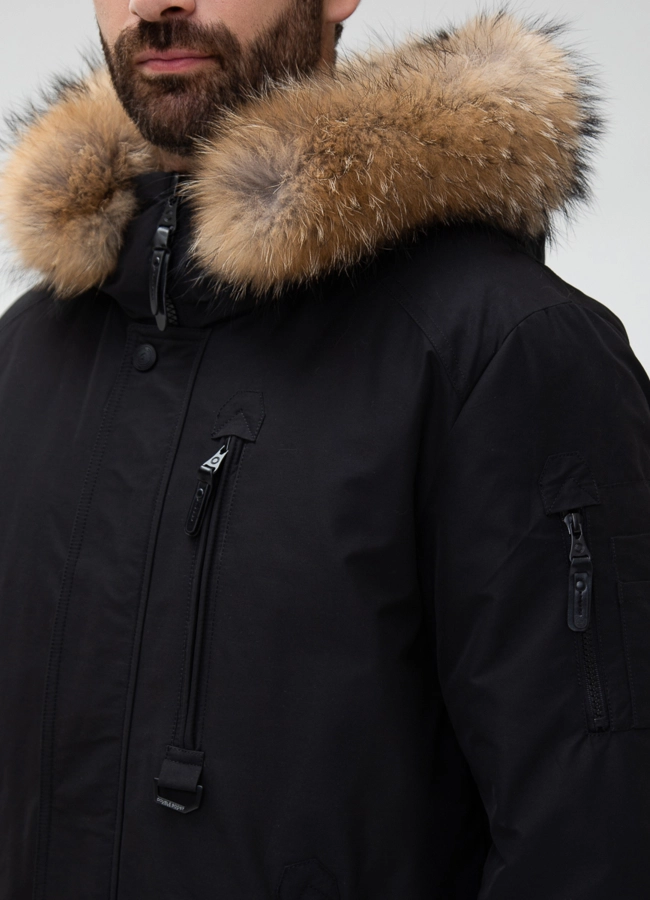 Мужской пуховик с капюшоном из меха енота модель № 28001 универмаг малина