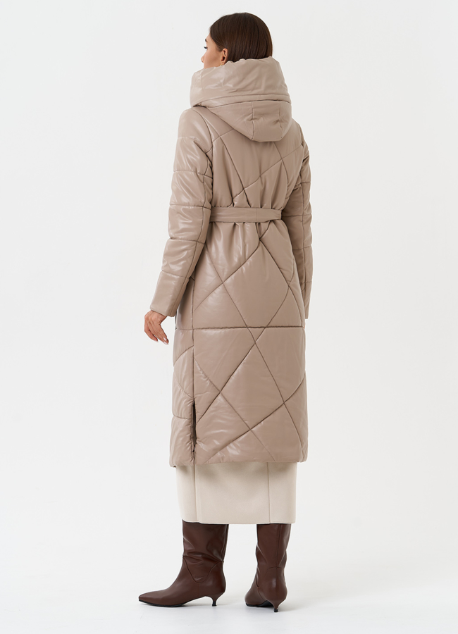 Женский пуховик из эко кожи с поясом модель № 28516 универмаг малина