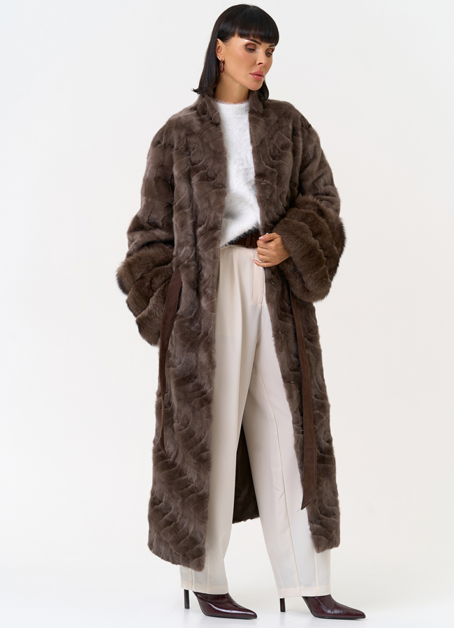 Женская шуба из меха норки с поясом модель № 31489 в рассрочку