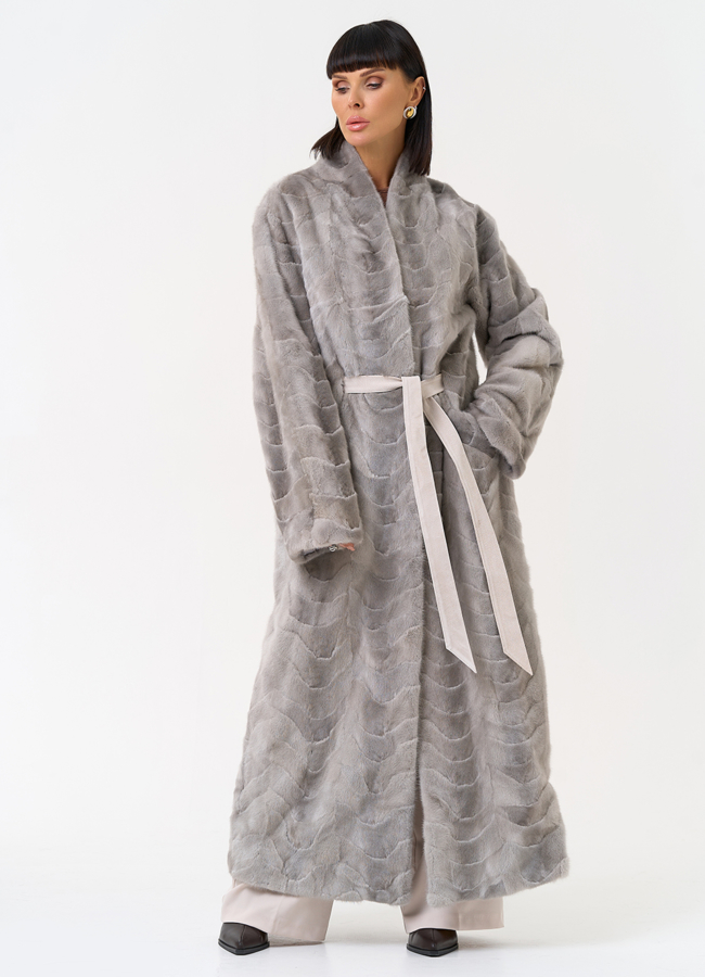 Длинная шуба из меха норки с поясом модель № 31295 меха малина