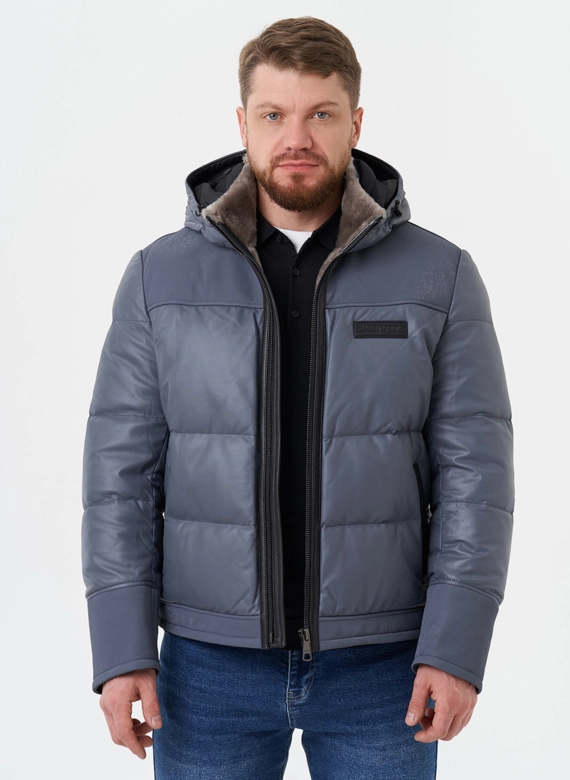 Пуховик из натуральной кожи с капюшоном фото