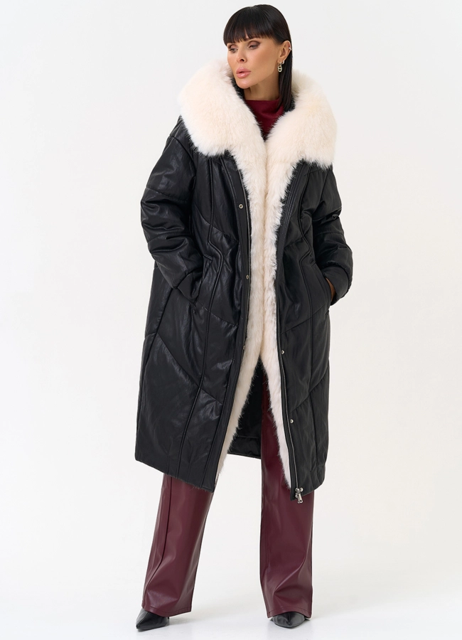 Женский пуховик из эко кожи со съемным эко мехом модель № 30718 меха малина
