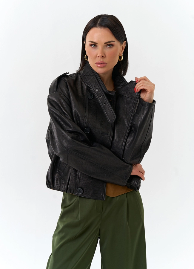 Женская куртка из натуральной кожи модель № 32677 меха малина