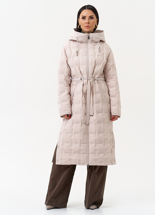 Женское утепленное пальто с капюшоном модель № 29942 меха малина