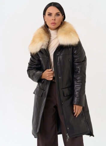 Кожаный пуховик с воротником из лисы фото