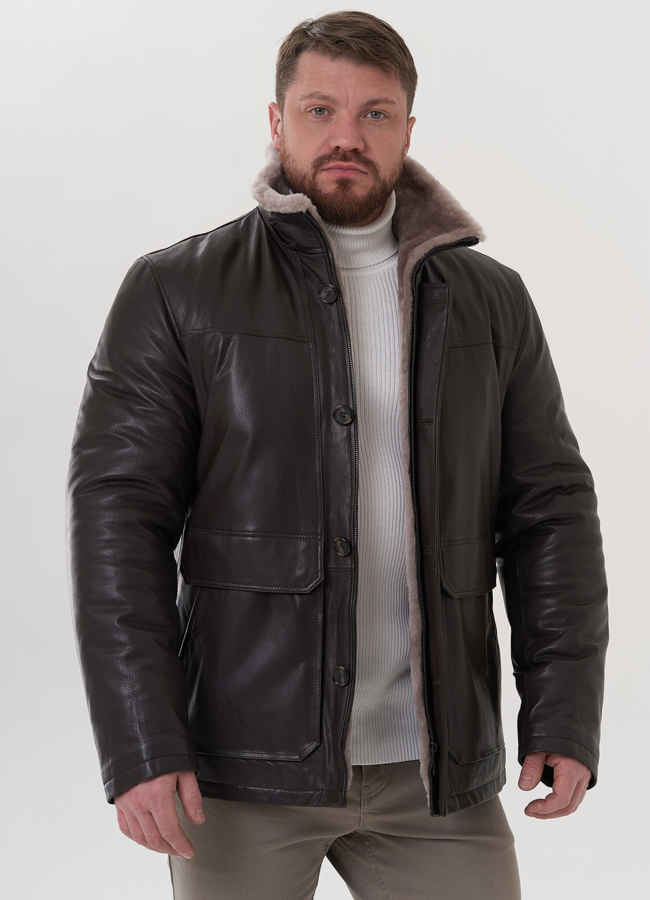 Пуховик из натуральной кожи с капюшоном модель № 26230 универмаг малина