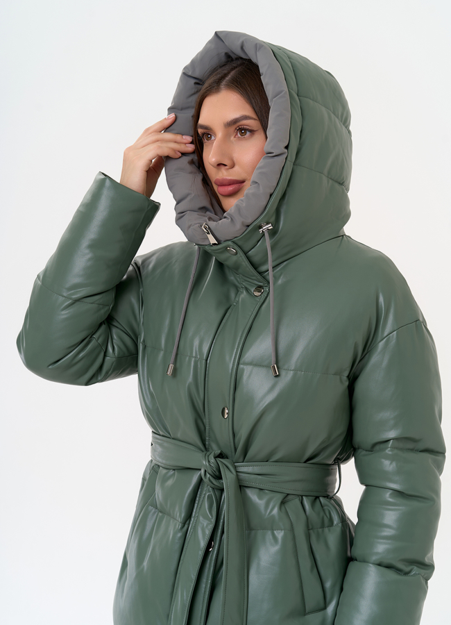 Женский пуховик из эко кожи с поясом модель № 30726 универмаг малина