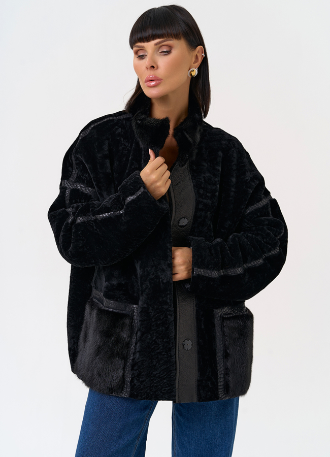 Женская двухсторонняя дубленка с воротником стойкой модель № 31480 универмаг малина