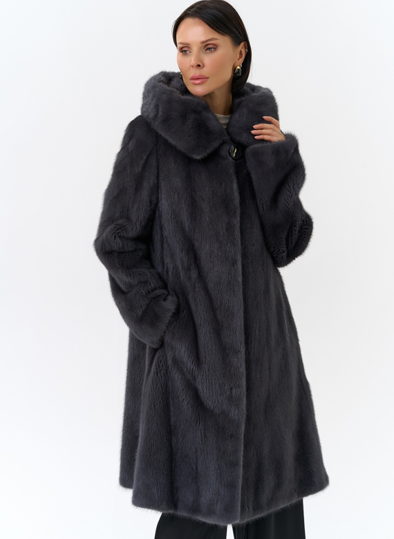 Норковая шуба годе/балетка в роспуск с капюшоном цвета графит