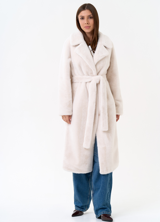 Женское пальто из эко меха с декоративными молниями модель № 31216 меха малина