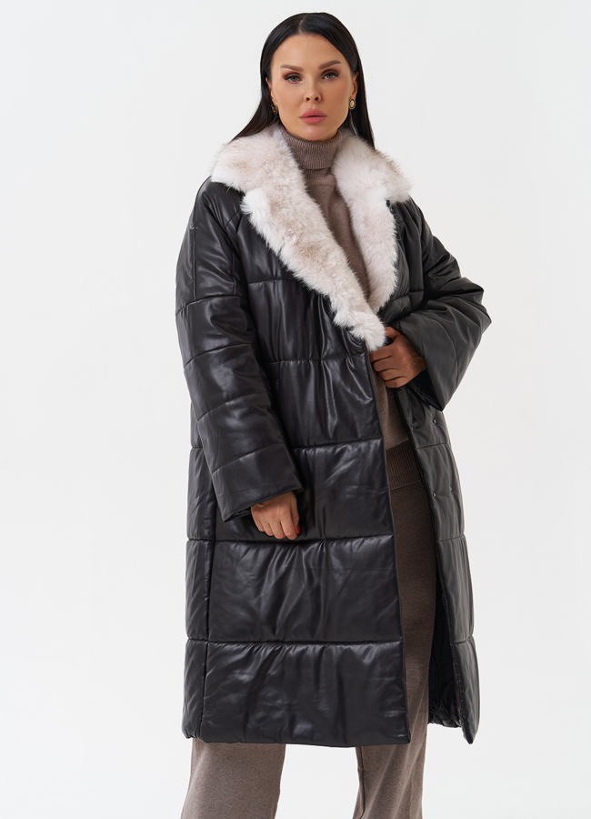 Пуховик из эко кожи с английским воротником модель № 28517 универмаг малина