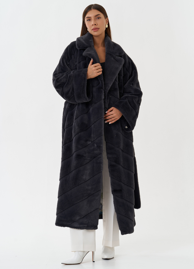 Длинное пальто из эко меха серого цвета модель № 28454 универмаг малина