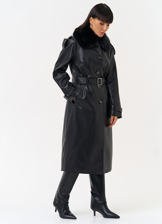 Женское утепленное пальто из экокожи с воротником из эко меха модель № 30705 универмаг малина