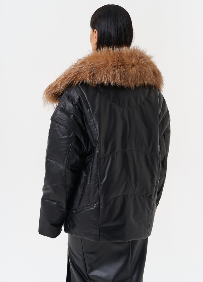 Женский кожаный пуховик с отделкой из натурального меха модель № 28911 универмаг малина