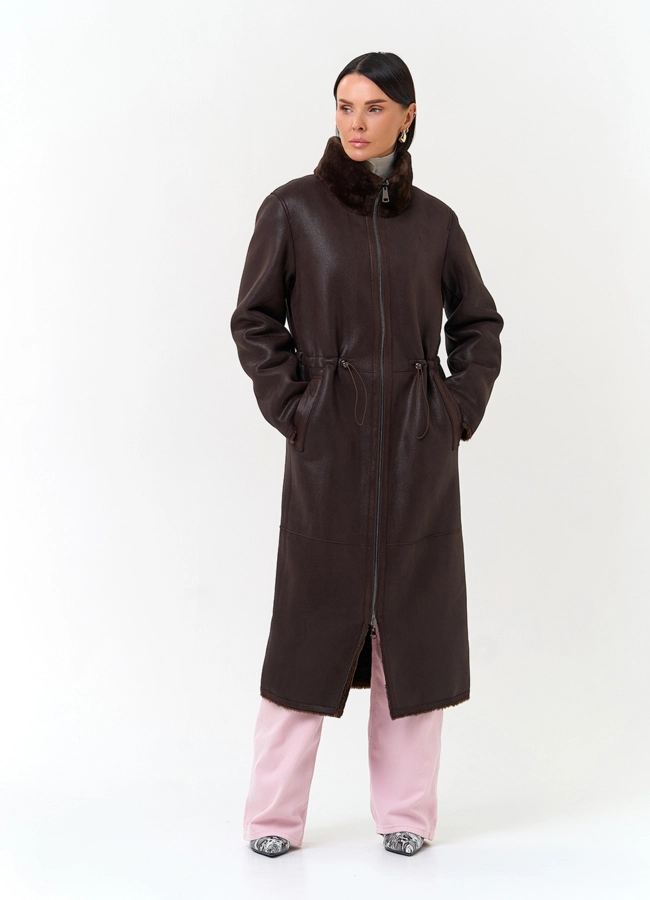 Женская дубленка из эко замши модель № 33910 универмаг малина