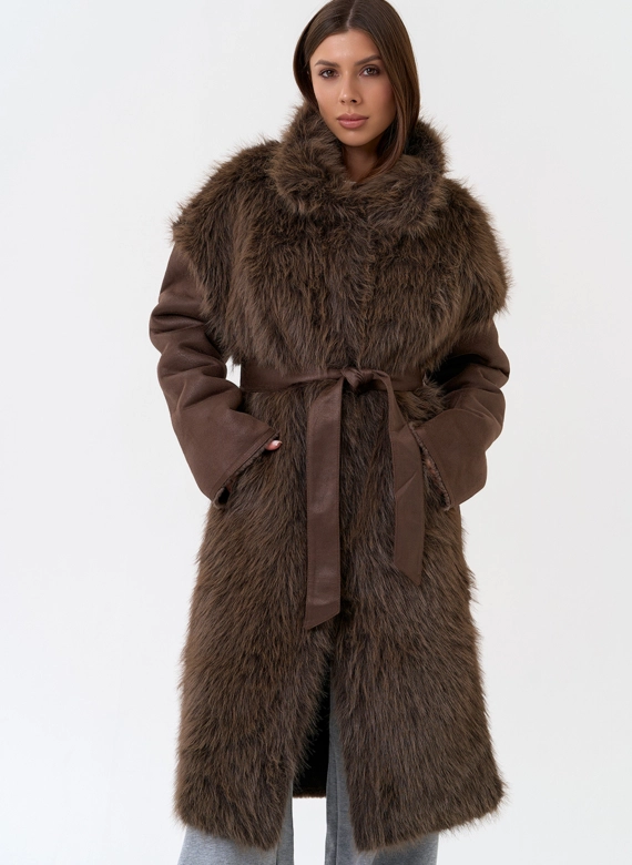 Женская дубленка из эко замши с отделкой из эко меха