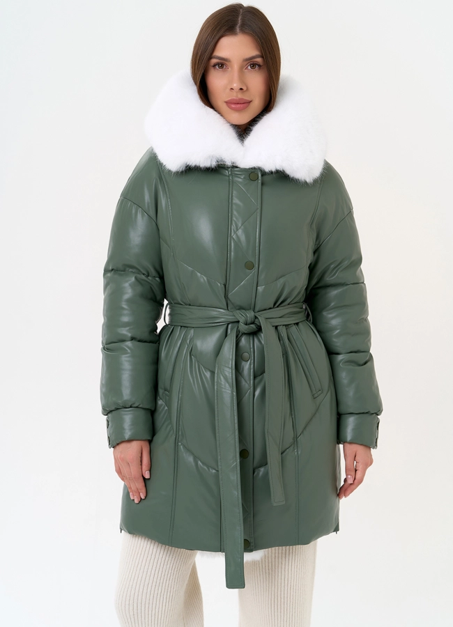 Женский пуховик из эко кожи с отделкой из эко меха модель № 30736 универмаг малина
