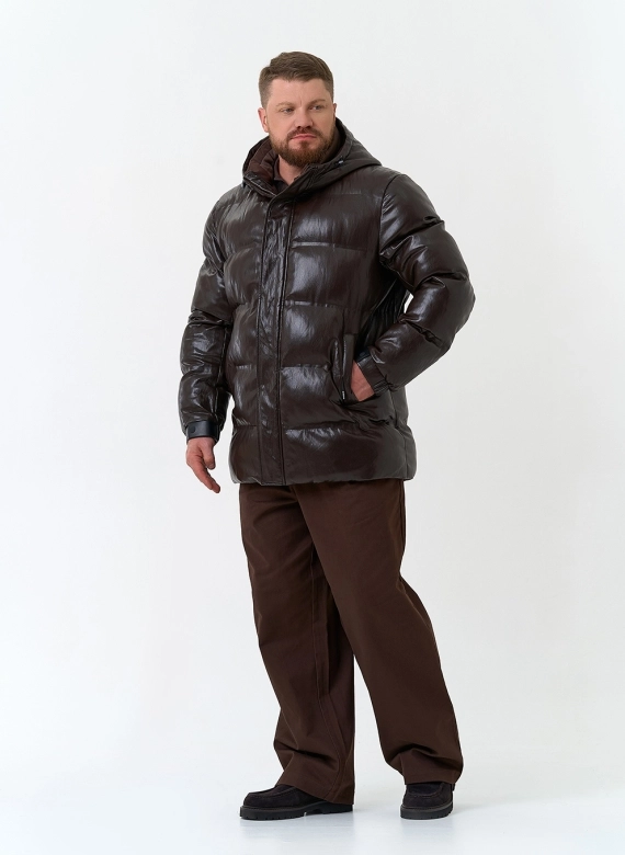 Мужской пуховик из эко кожи с капюшоном фото