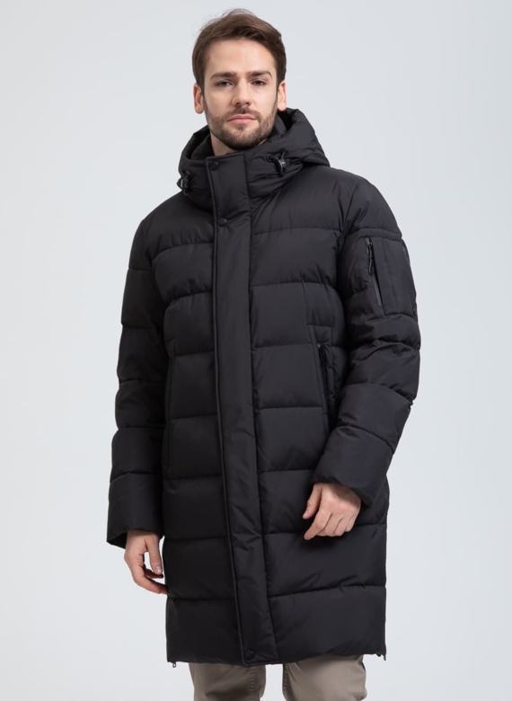 Мужской удлиненный пуховик с капюшоном