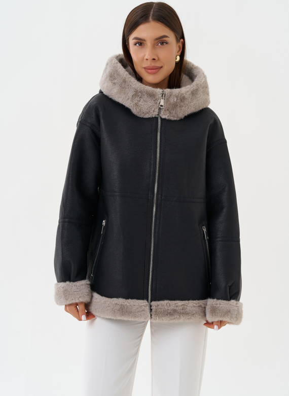 Женская эко дубленка с капюшоном