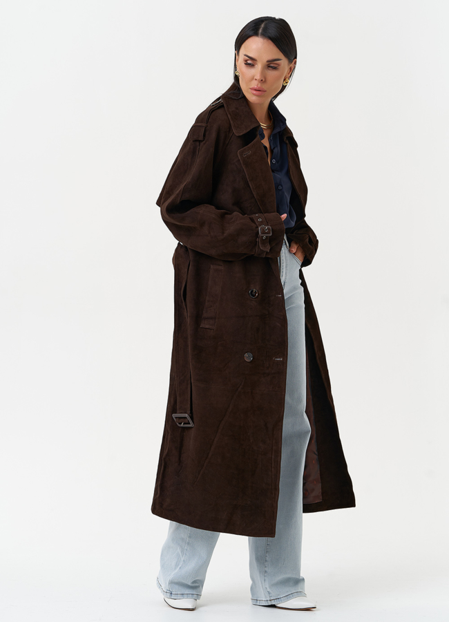 Длинный плащ из натуральной замши коричневого цвета модель № 31192 универмаг малина
