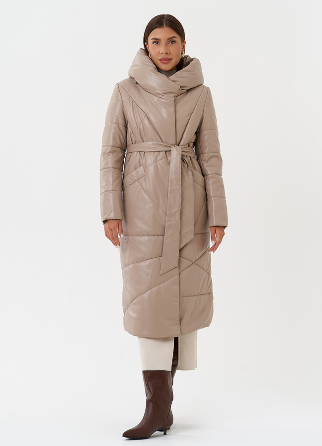 фото Женский пуховик из эко кожи с поясом модель № 28516