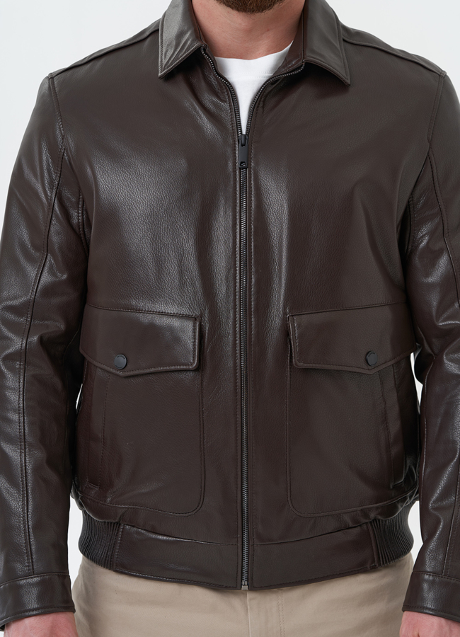 Мужская куртка из натуральной кожи коричневого цвета модель № 30069 универмаг малина