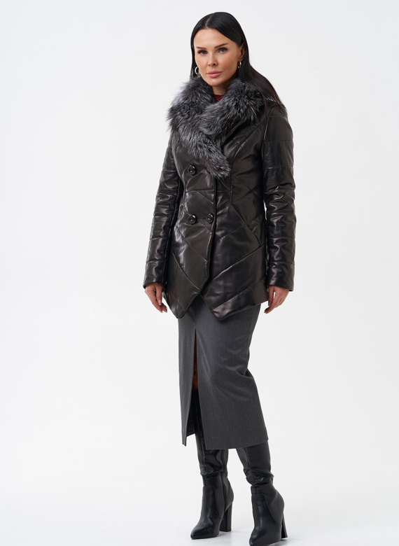 Кожаный пуховик с мехом из чернобурки