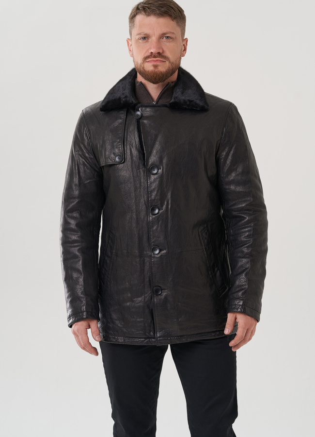 Мужская куртка из натуральной кожи черного цвета  модель № 82304 универмаг малина