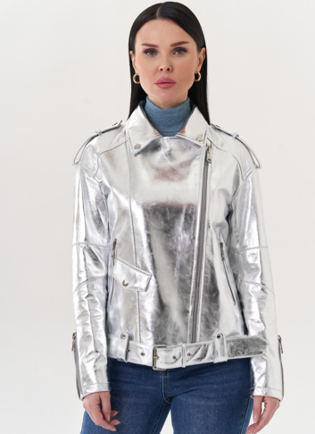 Куртка "косуха" из натуральной кожи под серебро