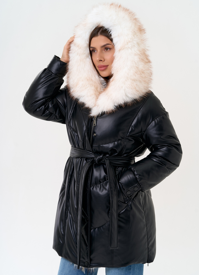 Женский пуховик из эко кожи с отделкой из эко меха модель № 30735 меха малина